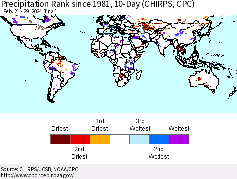 World Precipitation Rank since 1981, 10-Day (CHIRPS) Thematic Map For 2/21/2024 - 2/29/2024