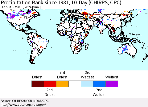 World Precipitation Rank since 1981, 10-Day (CHIRPS) Thematic Map For 2/26/2024 - 3/5/2024