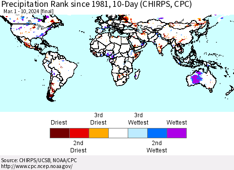 World Precipitation Rank since 1981, 10-Day (CHIRPS) Thematic Map For 3/1/2024 - 3/10/2024