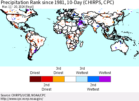 World Precipitation Rank since 1981, 10-Day (CHIRPS) Thematic Map For 3/11/2024 - 3/20/2024