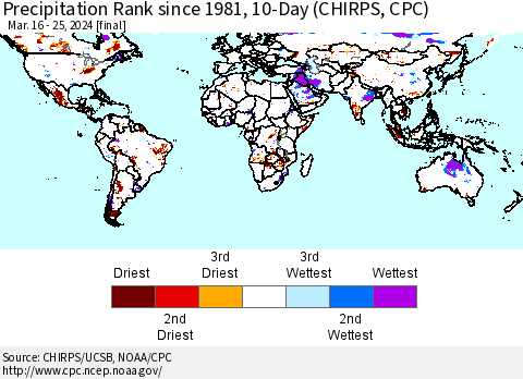 World Precipitation Rank since 1981, 10-Day (CHIRPS) Thematic Map For 3/16/2024 - 3/25/2024