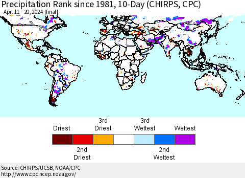 World Precipitation Rank since 1981, 10-Day (CHIRPS) Thematic Map For 4/11/2024 - 4/20/2024