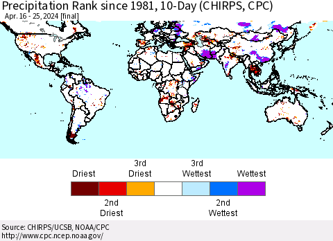 World Precipitation Rank since 1981, 10-Day (CHIRPS) Thematic Map For 4/16/2024 - 4/25/2024