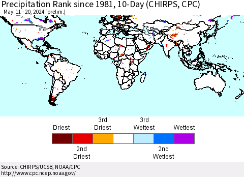 World Precipitation Rank since 1981, 10-Day (CHIRPS) Thematic Map For 5/11/2024 - 5/20/2024