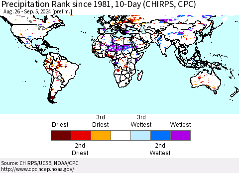 World Precipitation Rank since 1981, 10-Day (CHIRPS) Thematic Map For 8/26/2024 - 9/5/2024