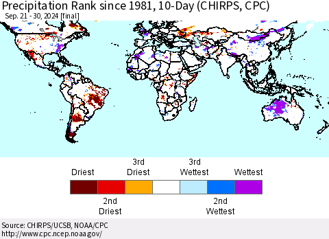 World Precipitation Rank since 1981, 10-Day (CHIRPS) Thematic Map For 9/21/2024 - 9/30/2024
