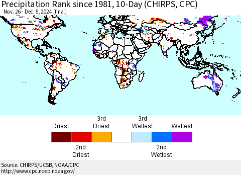 World Precipitation Rank since 1981, 10-Day (CHIRPS) Thematic Map For 11/26/2024 - 12/5/2024