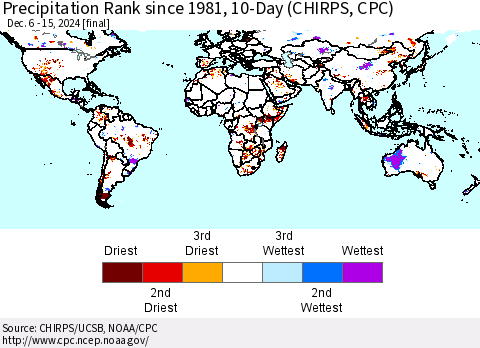 World Precipitation Rank since 1981, 10-Day (CHIRPS) Thematic Map For 12/6/2024 - 12/15/2024