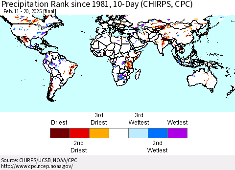 World Precipitation Rank since 1981, 10-Day (CHIRPS) Thematic Map For 2/11/2025 - 2/20/2025