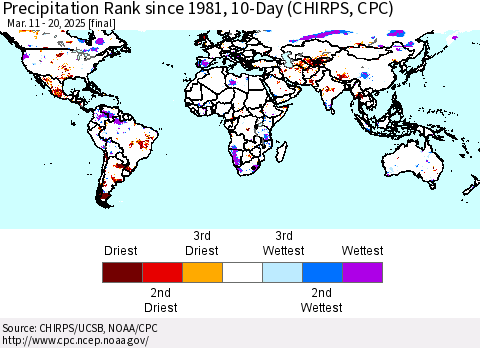 World Precipitation Rank since 1981, 10-Day (CHIRPS) Thematic Map For 3/11/2025 - 3/20/2025