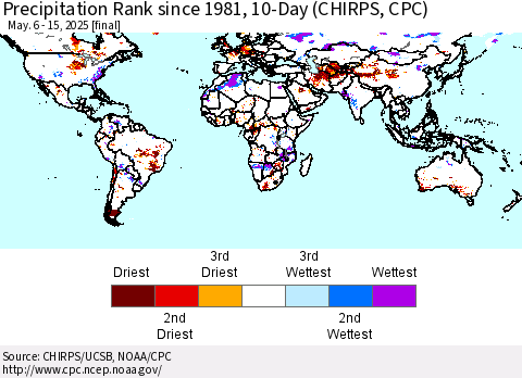 World Precipitation Rank since 1981, 10-Day (CHIRPS) Thematic Map For 5/6/2025 - 5/15/2025