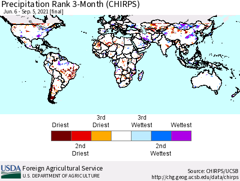 World Precipitation Rank since 1981, 3-Month (CHIRPS) Thematic Map For 6/6/2021 - 9/5/2021