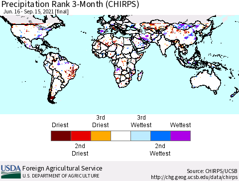 World Precipitation Rank 3-Month (CHIRPS) Thematic Map For 6/16/2021 - 9/15/2021