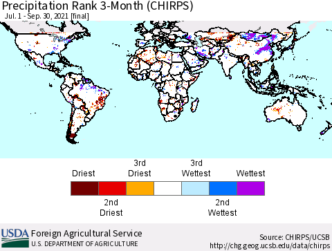 World Precipitation Rank 3-Month (CHIRPS) Thematic Map For 7/1/2021 - 9/30/2021