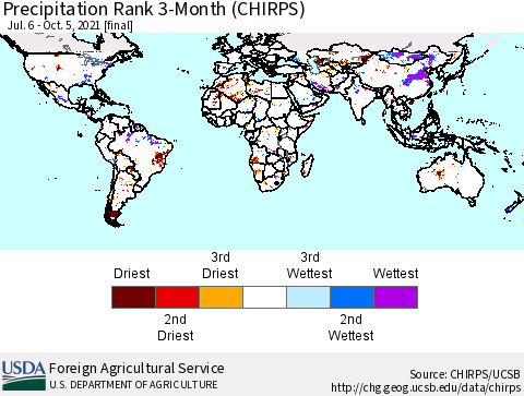 World Precipitation Rank since 1981, 3-Month (CHIRPS) Thematic Map For 7/6/2021 - 10/5/2021