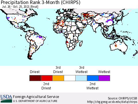 World Precipitation Rank 3-Month (CHIRPS) Thematic Map For 7/26/2021 - 10/25/2021