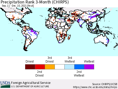 World Precipitation Rank 3-Month (CHIRPS) Thematic Map For 9/11/2021 - 12/10/2021