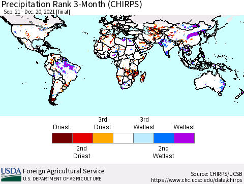 World Precipitation Rank 3-Month (CHIRPS) Thematic Map For 9/21/2021 - 12/20/2021