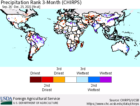 World Precipitation Rank 3-Month (CHIRPS) Thematic Map For 9/26/2021 - 12/25/2021