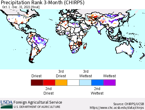 World Precipitation Rank since 1981, 3-Month (CHIRPS) Thematic Map For 10/1/2021 - 12/31/2021