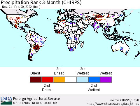 World Precipitation Rank since 1981, 3-Month (CHIRPS) Thematic Map For 11/21/2021 - 2/20/2022
