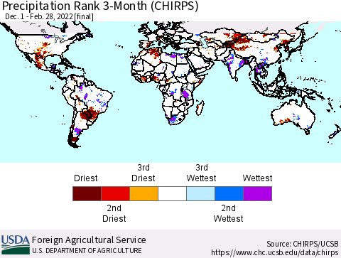World Precipitation Rank 3-Month (CHIRPS) Thematic Map For 12/1/2021 - 2/28/2022