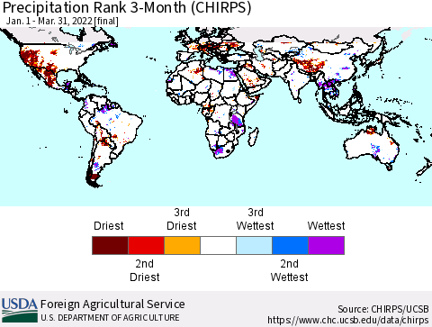 World Precipitation Rank since 1981, 3-Month (CHIRPS) Thematic Map For 1/1/2022 - 3/31/2022