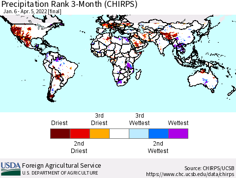 World Precipitation Rank since 1981, 3-Month (CHIRPS) Thematic Map For 1/6/2022 - 4/5/2022
