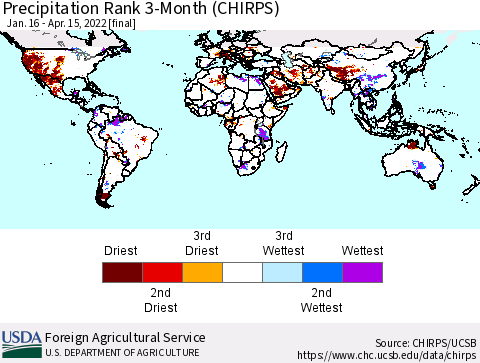World Precipitation Rank since 1981, 3-Month (CHIRPS) Thematic Map For 1/16/2022 - 4/15/2022