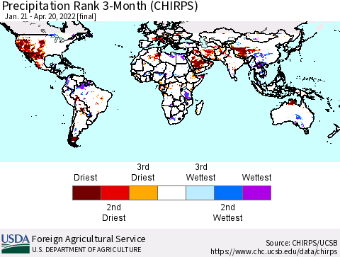 World Precipitation Rank since 1981, 3-Month (CHIRPS) Thematic Map For 1/21/2022 - 4/20/2022