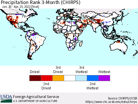 World Precipitation Rank since 1981, 3-Month (CHIRPS) Thematic Map For 1/26/2022 - 4/25/2022
