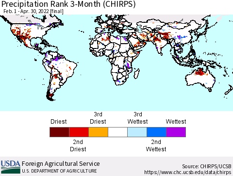 World Precipitation Rank since 1981, 3-Month (CHIRPS) Thematic Map For 2/1/2022 - 4/30/2022