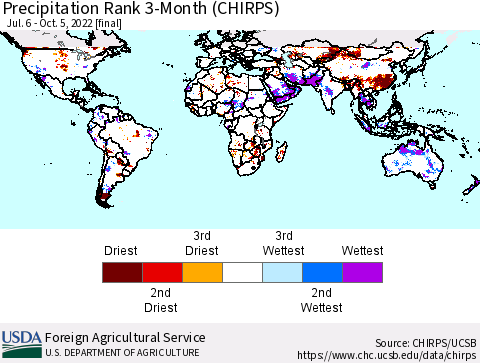 World Precipitation Rank since 1981, 3-Month (CHIRPS) Thematic Map For 7/6/2022 - 10/5/2022