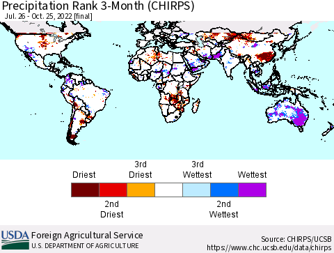 World Precipitation Rank since 1981, 3-Month (CHIRPS) Thematic Map For 7/26/2022 - 10/25/2022