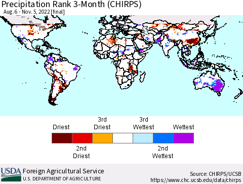 World Precipitation Rank since 1981, 3-Month (CHIRPS) Thematic Map For 8/6/2022 - 11/5/2022