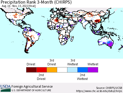 World Precipitation Rank since 1981, 3-Month (CHIRPS) Thematic Map For 8/16/2022 - 11/15/2022