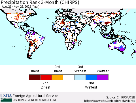 World Precipitation Rank since 1981, 3-Month (CHIRPS) Thematic Map For 8/26/2022 - 11/25/2022