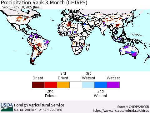 World Precipitation Rank since 1981, 3-Month (CHIRPS) Thematic Map For 9/1/2022 - 11/30/2022