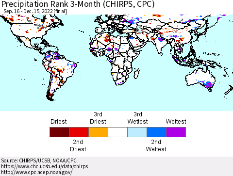 World Precipitation Rank since 1981, 3-Month (CHIRPS) Thematic Map For 9/16/2022 - 12/15/2022