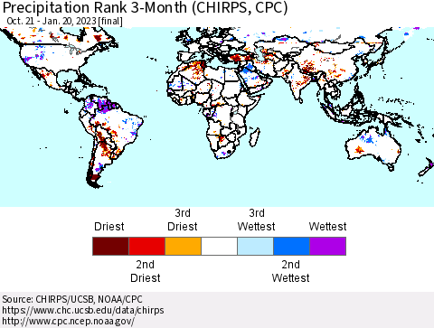 World Precipitation Rank since 1981, 3-Month (CHIRPS) Thematic Map For 10/21/2022 - 1/20/2023