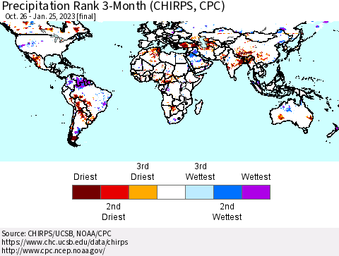 World Precipitation Rank since 1981, 3-Month (CHIRPS) Thematic Map For 10/26/2022 - 1/25/2023