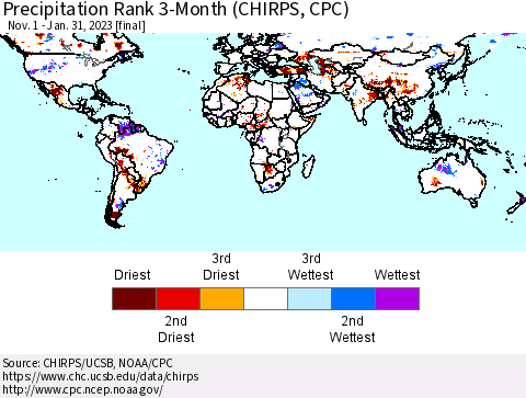 World Precipitation Rank since 1981, 3-Month (CHIRPS) Thematic Map For 11/1/2022 - 1/31/2023