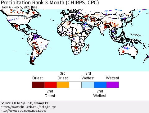 World Precipitation Rank since 1981, 3-Month (CHIRPS) Thematic Map For 11/6/2022 - 2/5/2023