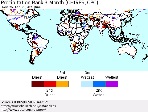 World Precipitation Rank since 1981, 3-Month (CHIRPS) Thematic Map For 11/26/2022 - 2/25/2023