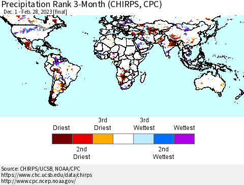 World Precipitation Rank since 1981, 3-Month (CHIRPS) Thematic Map For 12/1/2022 - 2/28/2023