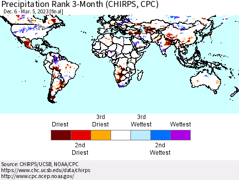 World Precipitation Rank since 1981, 3-Month (CHIRPS) Thematic Map For 12/6/2022 - 3/5/2023