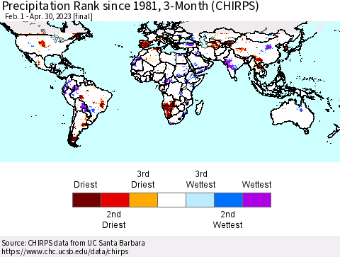 World Precipitation Rank since 1981, 3-Month (CHIRPS) Thematic Map For 2/1/2023 - 4/30/2023
