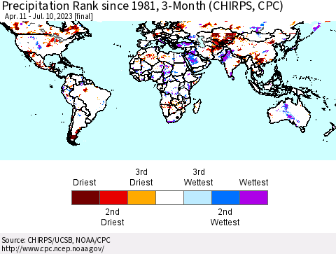 World Precipitation Rank since 1981, 3-Month (CHIRPS) Thematic Map For 4/11/2023 - 7/10/2023
