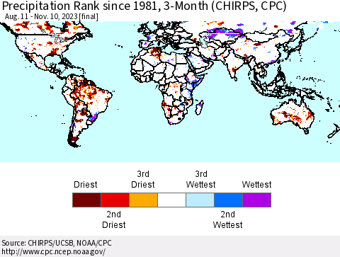 World Precipitation Rank since 1981, 3-Month (CHIRPS) Thematic Map For 8/11/2023 - 11/10/2023