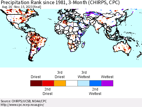 World Precipitation Rank since 1981, 3-Month (CHIRPS) Thematic Map For 8/16/2023 - 11/15/2023